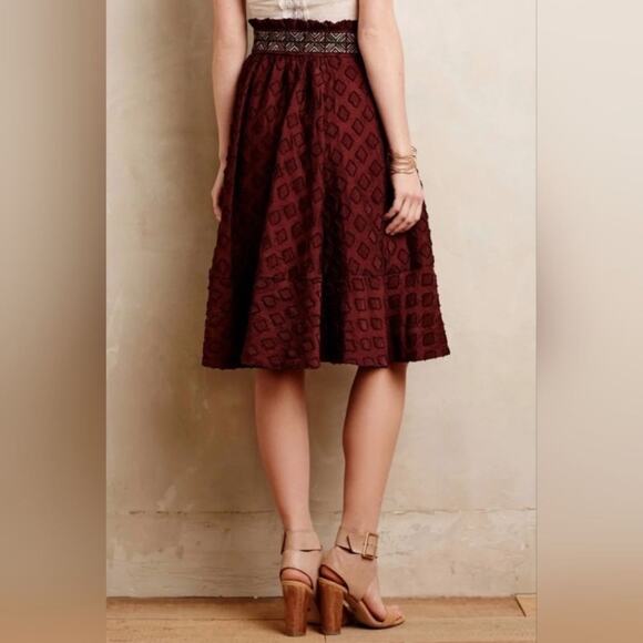 Anthropologie Maeve Diamond Cut Midi Full Skirt Size 2 Embroidered Waist Brown - Picture 11 of 12